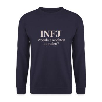 INFJ - Worüber möchtest du reden? - MBTI Motiv - Unisex Pullover - Navy - Vorne - Alina (178cm) & Michal (187cm)
