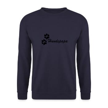 Hundepapa schwarzer Schriftzug kleine schw. Pfoten - Unisex Pullover - Navy - Vorne - Alina (178cm) & Michal (187cm)