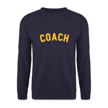 College Design Print Coach - Yellow - Unisex Pullover - Navy - Vorne - Alina (178cm) & Michal (187cm)
