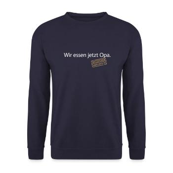 Wir essen jetzt Opa Satzzeichen Komma Leben retten - Unisex Pullover - Navy - Vorne - Alina (178cm) & Michal (187cm)