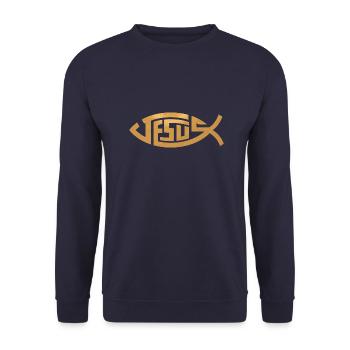 Jesus | Fisch in Gold - Unisex Pullover - Navy - Vorne - Alina (178cm) & Michal (187cm)