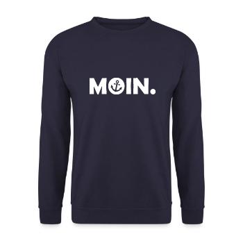 Moin - Guten Morgen - Nordsee - Ostsee - Anker - Unisex Pullover - Navy - Vorne - Alina (178cm) & Michal (187cm)