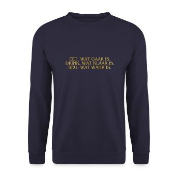 Plattdeutsch Ostfriesland "Eet, wat gaar is." - Unisex Pullover - Navy - Vorne - Alina (178cm) & Michal (187cm)