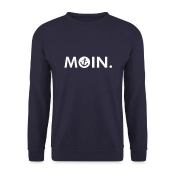 Moin - Guten Morgen - Nordsee - Ostsee - Anker - Unisex Pullover - Navy - Vorne - Alina (178cm) & Michal (187cm)