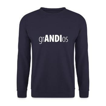 grANDIos – Andi Andreas Namensshirt - Unisex Pullover - Navy - Vorne - Alina (178cm) & Michal (187cm)