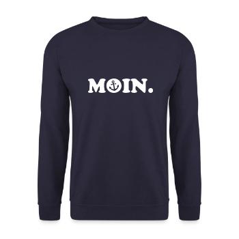 Moin - Guten Morgen - Nordsee - Ostsee - Anker - Unisex Pullover - Navy - Vorne - Alina (178cm) & Michal (187cm)