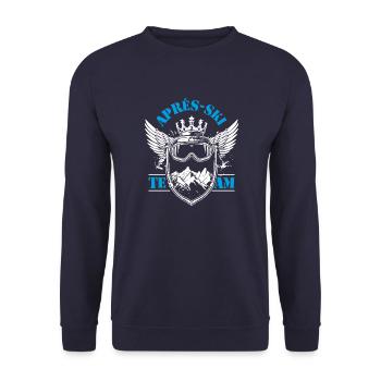 Après Ski Team Saying Coat of Arms Ski Holidays - Unisex Sweatshirt - navy - Front - Alina (178cm) & Michal (187cm)