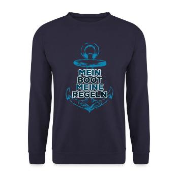 Mein Boot meine Regeln Kapitän Bootsführerschein - Unisex Pullover - Navy - Vorne - Alina (178cm) & Michal (187cm)