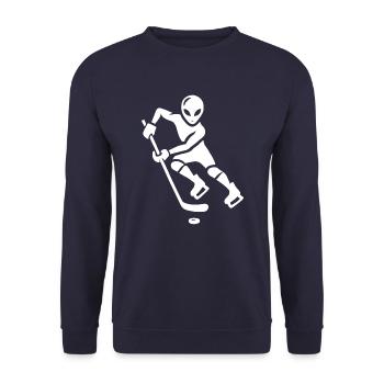 Alien Eishockeyspieler Silhouette minimalistisch - Unisex Pullover - Navy - Vorne - Alina (178cm) & Michal (187cm)