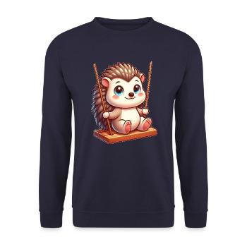 Süßer Igel auf Schaukel Spielplatz Cartoon - Unisex Pullover - Navy - Vorne - Alina (178cm) & Michal (187cm)