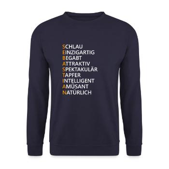 Sebastian Name Geschenk - Unisex Pullover - Navy - Vorne - Alina (178cm) & Michal (187cm)