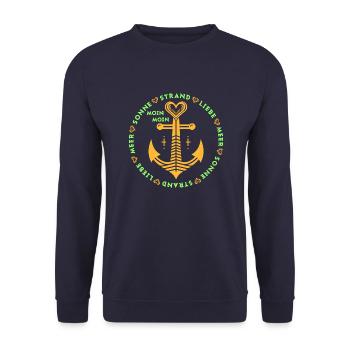 MEER SONNE STRAND LIEBE Anker und Herzen 2 - Unisex Pullover - Navy - Vorne - Alina (178cm) & Michal (187cm)