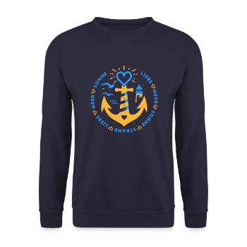 MEER SONNE STRAND LIEBE Anker und Herzen 4 - Unisex Pullover - Navy - Vorne - Alina (178cm) & Michal (187cm)