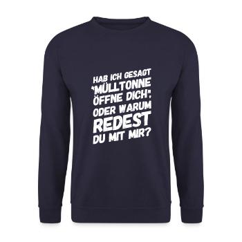 Lustige Sprüche Mülltonne Öffne Dich - Unisex Pullover - Navy - Vorne - Alina (178cm) & Michal (187cm)