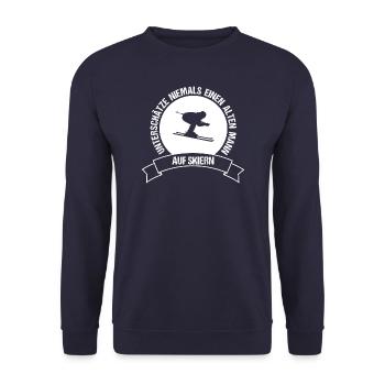 Unterschätze niemals einen alten Mann auf Skiern - Unisex Pullover - Navy - Vorne - Alina (178cm) & Michal (187cm)