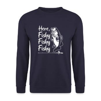 Here Fishy Fishy Fishy Fishermen Humor - Unisex Sweatshirt - navy - Front - Alina (178cm) & Michal (187cm)