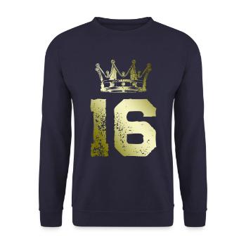 16 Zahl Krone - Unisex Pullover - Navy - Vorne - Alina (178cm) & Michal (187cm)
