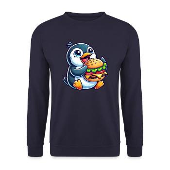 Skurriler Pinguin mit Hamburger lustig Chibi - Unisex Pullover - Navy - Vorne - Alina (178cm) & Michal (187cm)