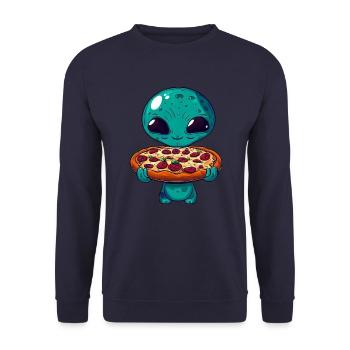 Alien Pizza Genuss: Außerirdischer Fast Food Fan - Unisex Pullover - Navy - Vorne - Alina (178cm) & Michal (187cm)