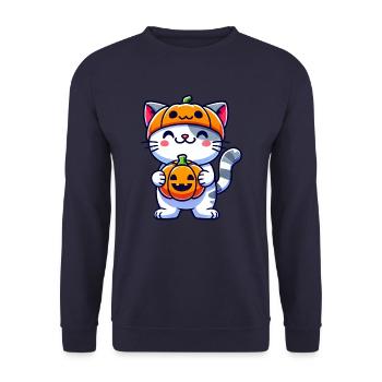 Chat d’Halloween fantaisiste avec citrouille et chapeau - Sweat-shirt Unisexe - marine - Devant - Alina (178cm) & Michal (187cm)