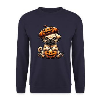 Mignon Halloween Carlin Dessin animé Citrouille Chien Fantaisiste - Sweat-shirt Unisexe - marine - Devant - Alina (178cm) & Michal (187cm)