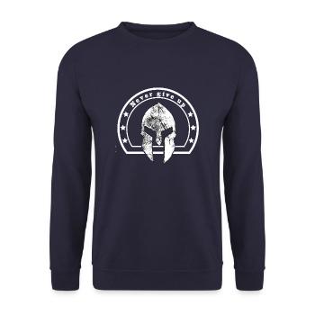 Gib niemals spartanisch auf. Spartanischer Helm und Text - Unisex Pullover - Navy - Vorne - Alina (178cm) & Michal (187cm)