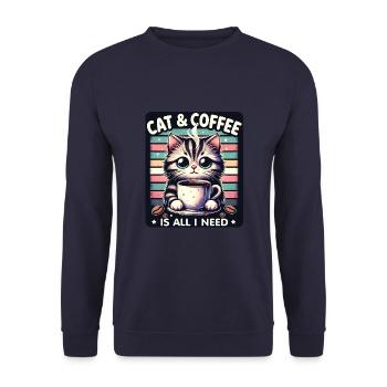 Katze und Kaffee ist alles was ich brauche - Unisex Pullover - Navy - Vorne - Alina (178cm) & Michal (187cm)