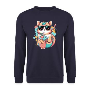 Erfrischendes Design: Eine Katze mit Sonnenbrille - Unisex Pullover - Navy - Vorne - Alina (178cm) & Michal (187cm)