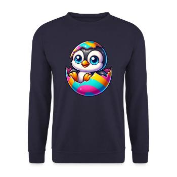 Süßer Pinguin schlüpft aus buntem Osterei - Unisex Pullover - Navy - Vorne - Alina (178cm) & Michal (187cm)