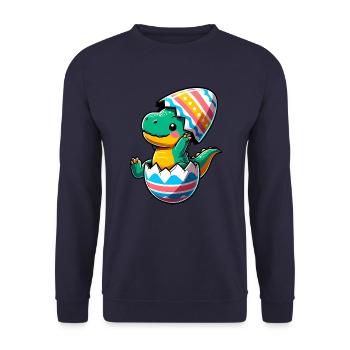 T-Rex Dino as Easter Egg, Clumsy Eggshells - Unisex Sweatshirt - navy - Front - Alina (178cm) & Michal (187cm)