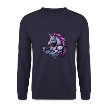 Einhorn Muskeln Bodybuilding - Unisex Pullover - Navy - Vorne - Alina (178cm) & Michal (187cm)