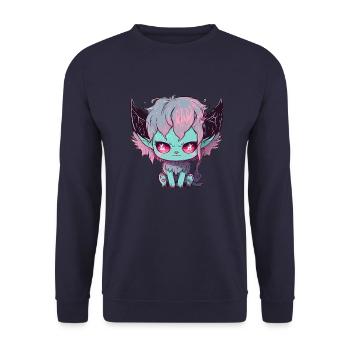 Chibi Dämon Katze mit satanischen Augen - Kawaii - Unisex Pullover - Navy - Vorne - Alina (178cm) & Michal (187cm)