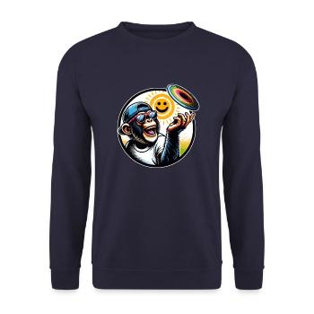 Schimpanse mit Sonnebrille, Basecap und Frisbee - Unisex Pullover - Navy - Vorne - Alina (178cm) & Michal (187cm)