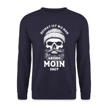 Heimat ist wo man abends moin sagt - Totenkopf - Unisex Pullover - Navy - Vorne - Alina (178cm) & Michal (187cm)