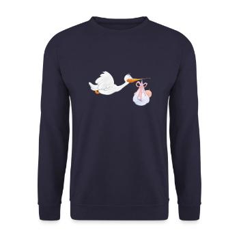 Storch mit Baby - Unisex Pullover - Navy - Vorne - Alina (178cm) & Michal (187cm)