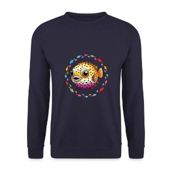 Happy puffer fish in the colorful circle of fish - Unisex Sweatshirt - navy - Front - Alina (178cm) & Michal (187cm)