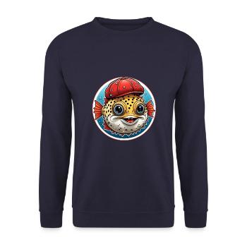 Drôle de poisson-globe avec casquette de baseball rouge - Sweat-shirt Unisexe - marine - Devant - Alina (178cm) & Michal (187cm)