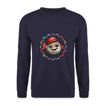 Kugelfisch mit roter Basecap und bunten Fischen - Unisex Pullover - Navy - Vorne - Alina (178cm) & Michal (187cm)