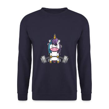 Einhorn fitness bodybuilding yoga gym geschenk - Unisex Pullover - Navy - Vorne - Alina (178cm) & Michal (187cm)