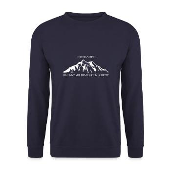 Klassische Berglandschaft: Jeder Gipfel beginnt - Unisex Pullover - Navy - Vorne - Alina (178cm) & Michal (187cm)