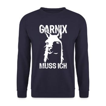 Nein, ich muss garnichts - Lama - Spruch - Unisex Pullover - Navy - Vorne - Alina (178cm) & Michal (187cm)