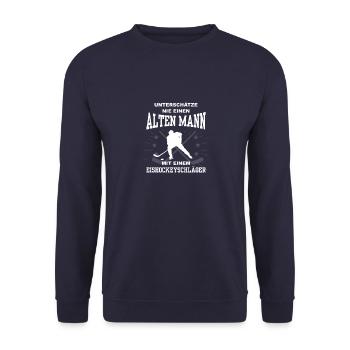 Unterschätze nie einen Mann mit Eishockeyschläger - Unisex Pullover - Navy - Vorne - Alina (178cm) & Michal (187cm)
