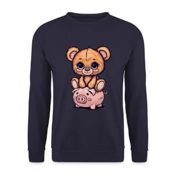 Cute Kawaii Teddy Bear with Piggy Bank - Unisex Sweatshirt - navy - Front - Alina (178cm) & Michal (187cm)