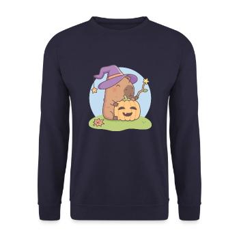 Cute Capybara Wizard With Jack O Lantern - Unisex Sweatshirt - navy - Front - Alina (178cm) & Michal (187cm)