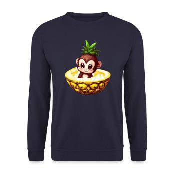 Affe Schimpanse mit Ananas, Lustiges Tropendesign - Unisex Pullover - Navy - Vorne - Alina (178cm) & Michal (187cm)
