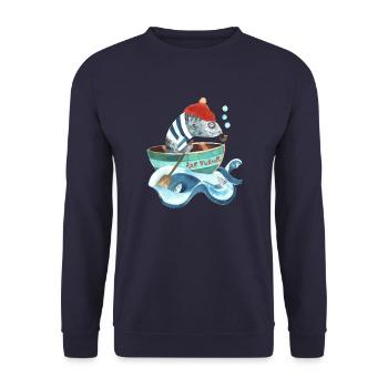 Kjell Makrell I Fish head in a boat - Unisex Sweatshirt - navy - Front - Alina (178cm) & Michal (187cm)