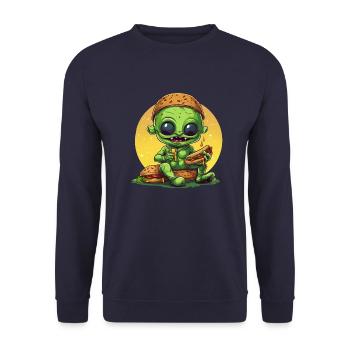 Alien Außerirdischer Burger Hot Dog Fast Food Suns - Unisex Pullover - Navy - Vorne - Alina (178cm) & Michal (187cm)