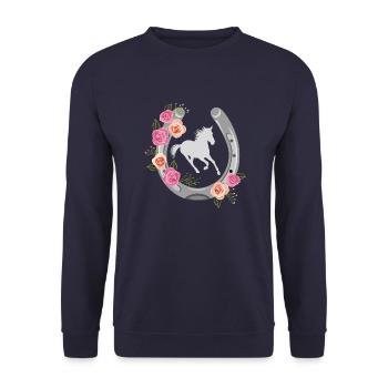 Stilisiertes Hufeisen mit Blumenkranz - Unisex Pullover - Navy - Vorne - Alina (178cm) & Michal (187cm)