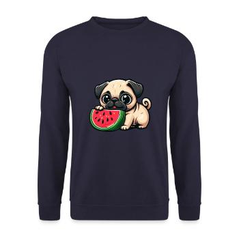 Funny cartoon pug dog eats watermelon - Unisex Sweatshirt - navy - Front - Alina (178cm) & Michal (187cm)