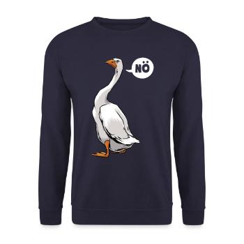 Nö, ich muss garnix - Gans - Spruch - Unisex Pullover - Navy - Vorne - Alina (178cm) & Michal (187cm)